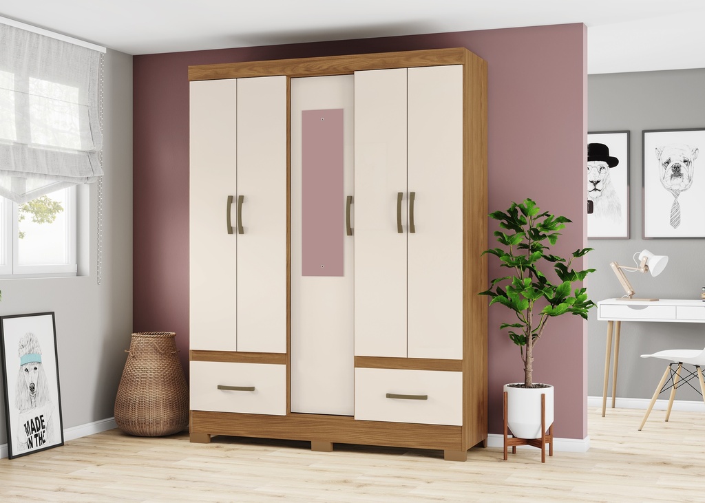 ARMOIRE 5P/2T/ BOIS-CREME/MIROIR  1455X2000X465 B60-127