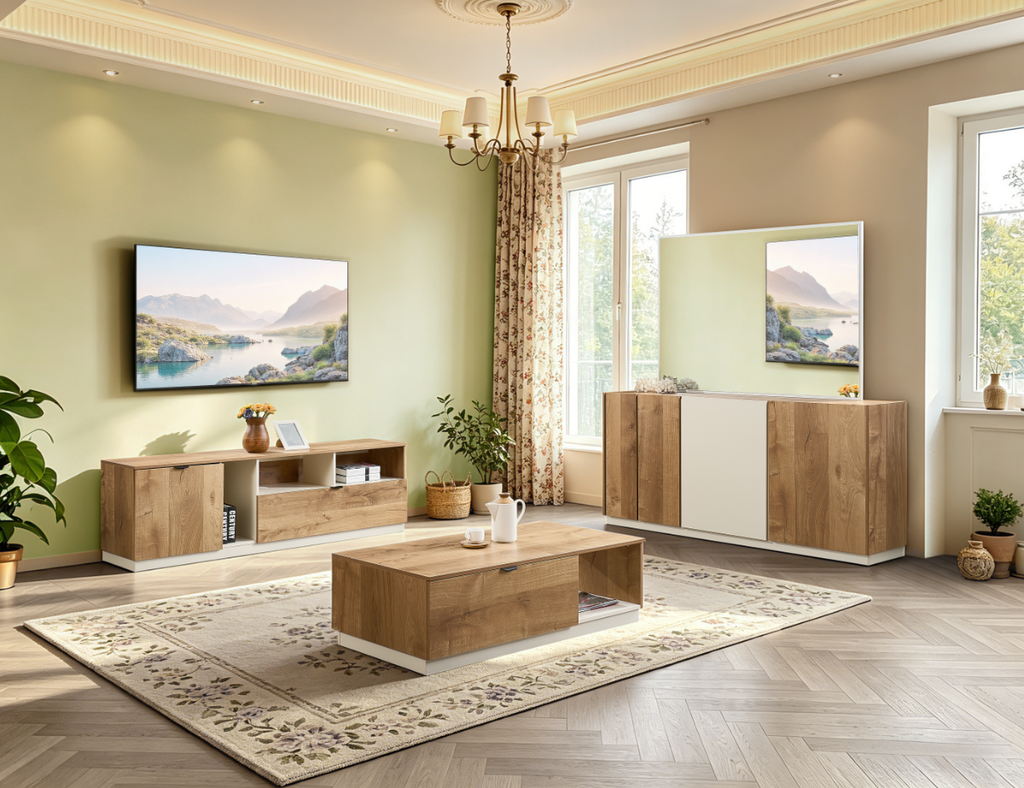 BAHUT DZ38 BEIGE BOIS M82/M03 1800X400X850  MIROIR 1400X1000X20