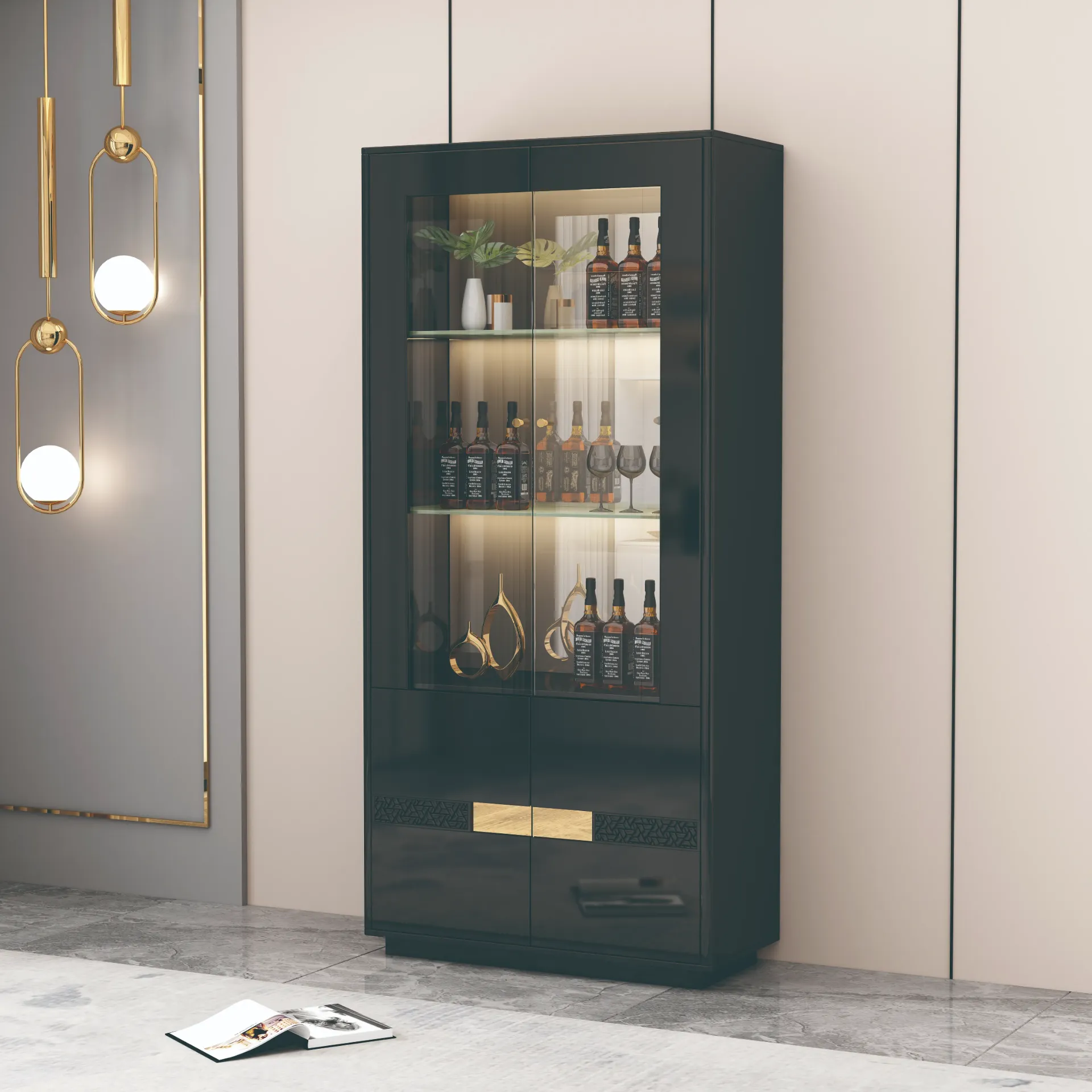 VITRINE 2P 92502 900X400X1900 NOIR DORE