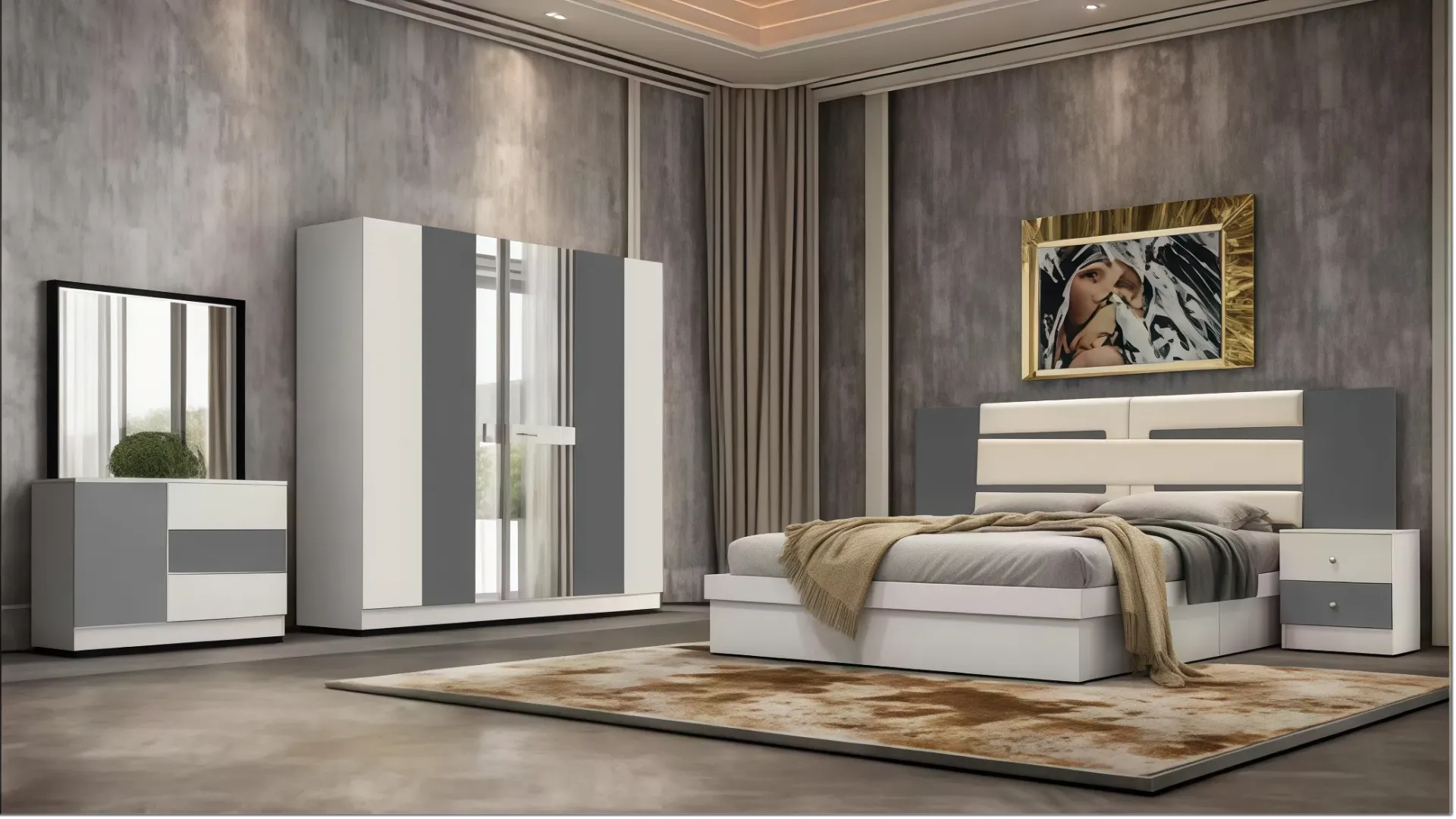 PACK CHAMBRE LR00078— Lit 160 × 200, armoire, coiffeuse et 2 chevets