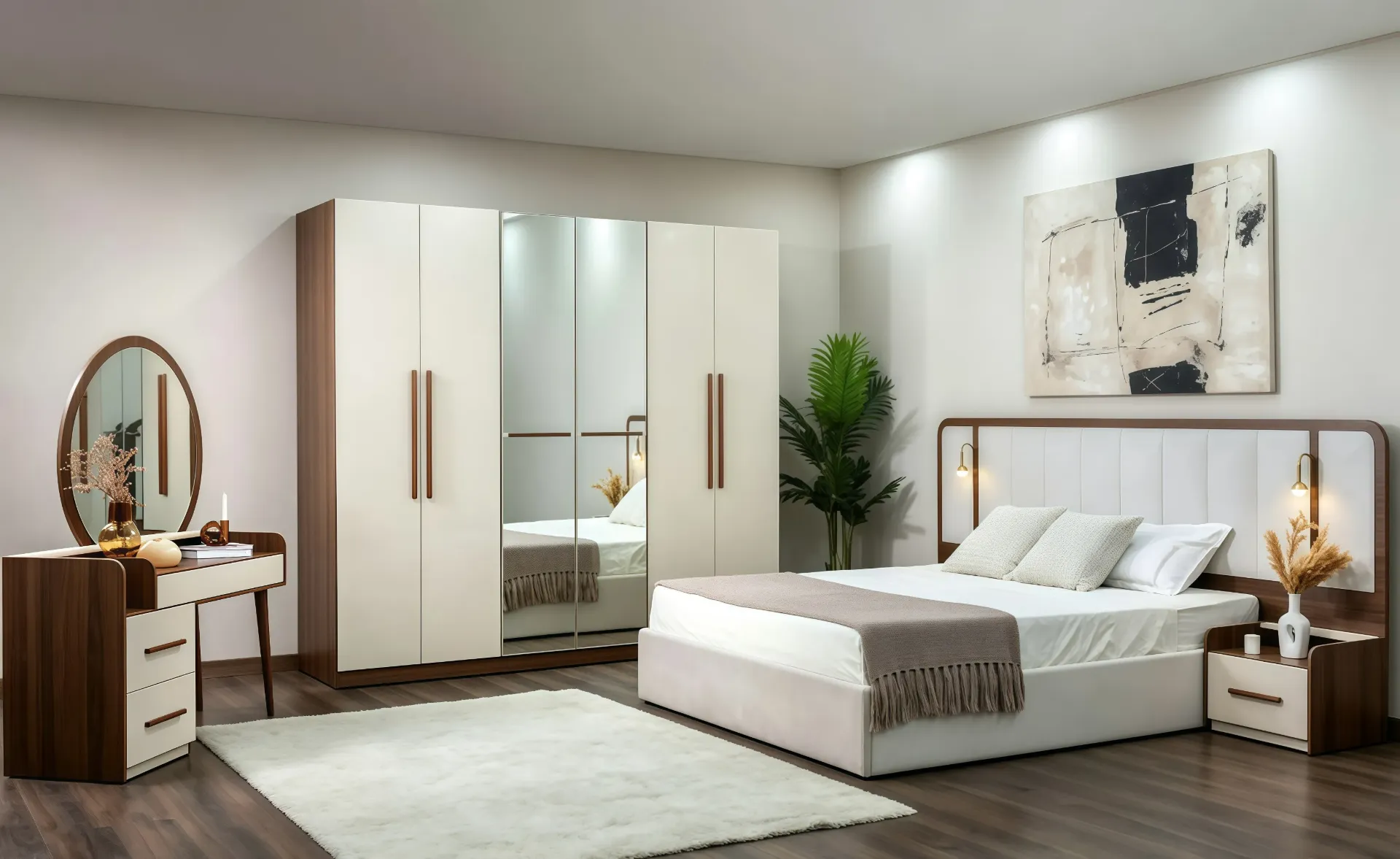 PACK CHAMBRE UL25BE0051— Lit 160 × 200, armoire, coiffeuse et 2 chevets