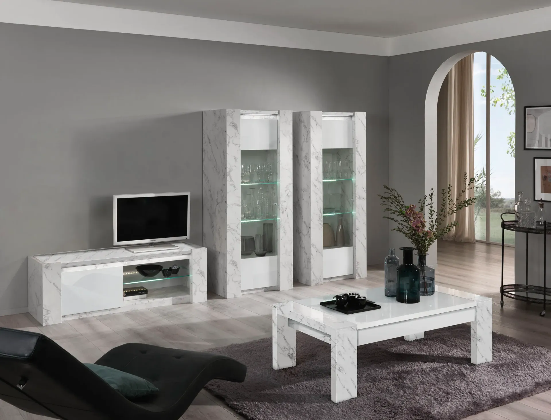 PACK LIVING VITTORIA— Vitrine1p droite, vitrine 1p gauche,  et table tv